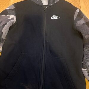 Nike Kids Black Hoodie with Gray Camo Sleeves slight wash stain